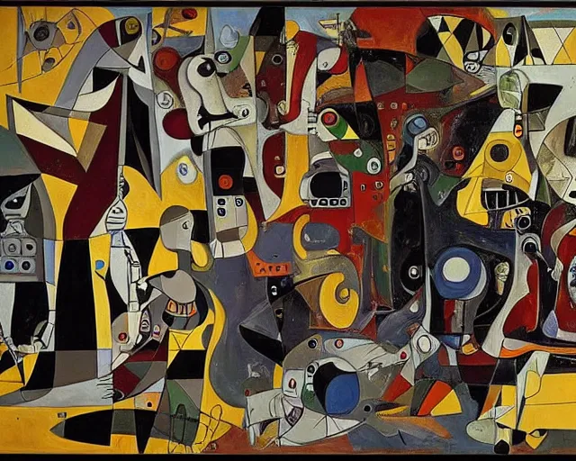 Image similar to a painting of guernica with robots from futurama by graham sutherland, egon schiele, gustav klimt, joan miro, basquiat, expressionism