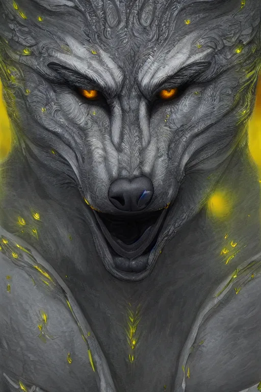 Image similar to ultra realist and ultra intricate detailed soft painting of a werewolf, from the waist up, symmetry features, glowing yellow eyes, sensual gloomy style, volumetric clouds, forest background, artstation, unreal render, depth of field