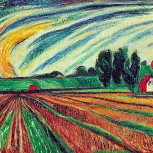 Image similar to a small vintage farm on fire in a corn field in the style of Edvard Munch