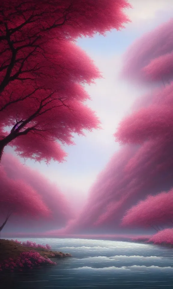 Image similar to a beautiful landscape matte painting of cherry trees with petals flying in the sky beside a river, by christophe vacher, trending on artstation