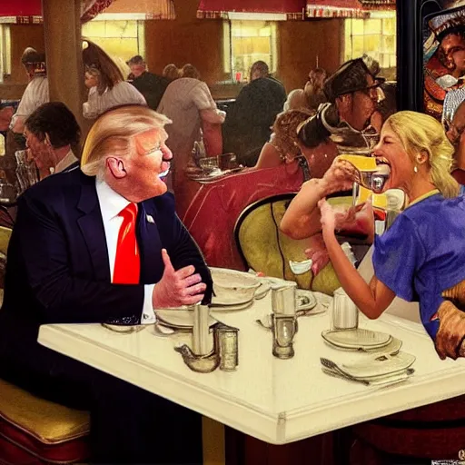 Image similar to smiling trump meets with laughing slaanesh at a diner, style of norman rockwell, 8 k, ultra detailed, photograph, rule of thirds.