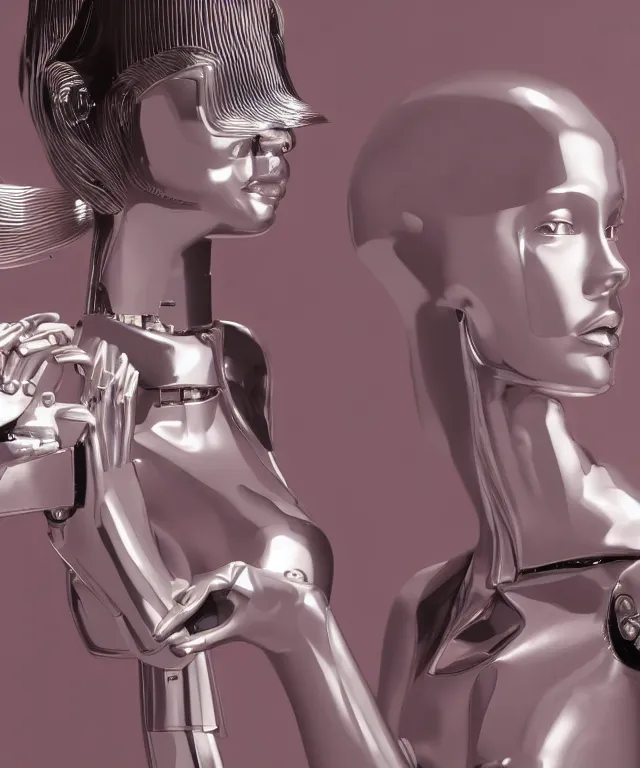 Prompt: tv displays victoria's secret model, a silver robot is touching the tv and robot's head is partially morphed into copy of the model's head, realistic, 4 k