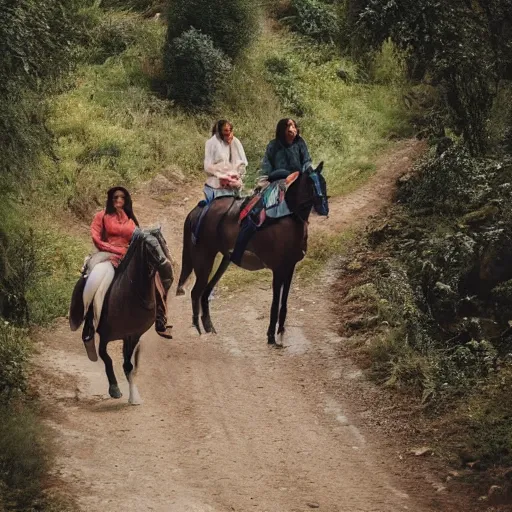 Prompt: women, riding man like a horse, on a small path in the hills