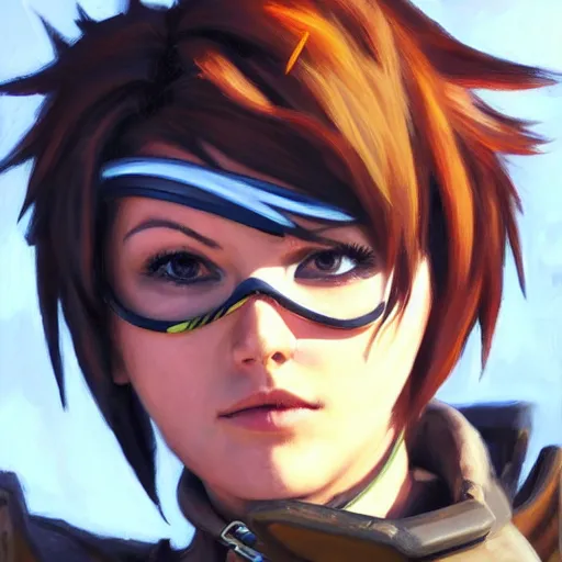 Image similar to oil painting of tracer overwatch in a field wearing spiked collar around neck, in style of steve henderson, expressive face, detailed face, detailed eyes, full body, feminine face, tracer overwatch,