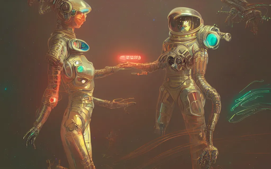 Image similar to armored astronaut girl fighting with alien, ssci-fi, neon light and fantasy, intricate and very very beautiful and elegant, highly detailed, digital painting, artstation, concept art, smooth and sharp focus, illustration, art by tian zi and WLOP and alphonse mucha