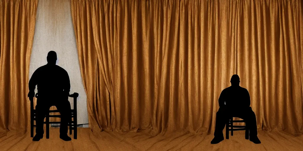 Image similar to photo style of shawn paul tan, portrait of silhouette of big black man sitting on throne, background made of big curtains