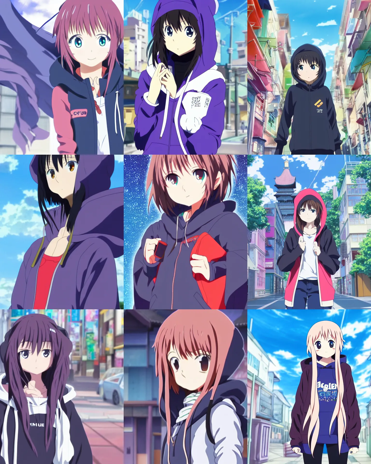 Prompt: girl wearing hoodie, city, anime key visual, kyoto animation