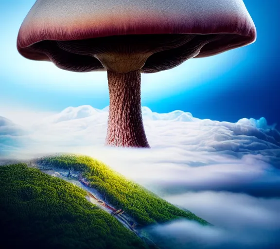 Image similar to a giant mushroom that stretches above the clouds with an upside down city built under the cap. highly detailed 8 k. intricate. lifelike. soft light. nikon d 8 5 0. cinematic post - processing