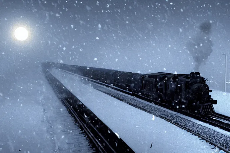 Prompt: an old locomotive rushing through snow storm in high speed, white steam on the side, dark smoke with fire! from the pipes, dynamic angled shot, speed lines, fire particles and snowflakes everywhere, 8 k, hyperrealistic, ultra sharp, octane render, unreal engine, artstation, very detailed, 1 6 k, eerie moon eclipse cinematic scenery