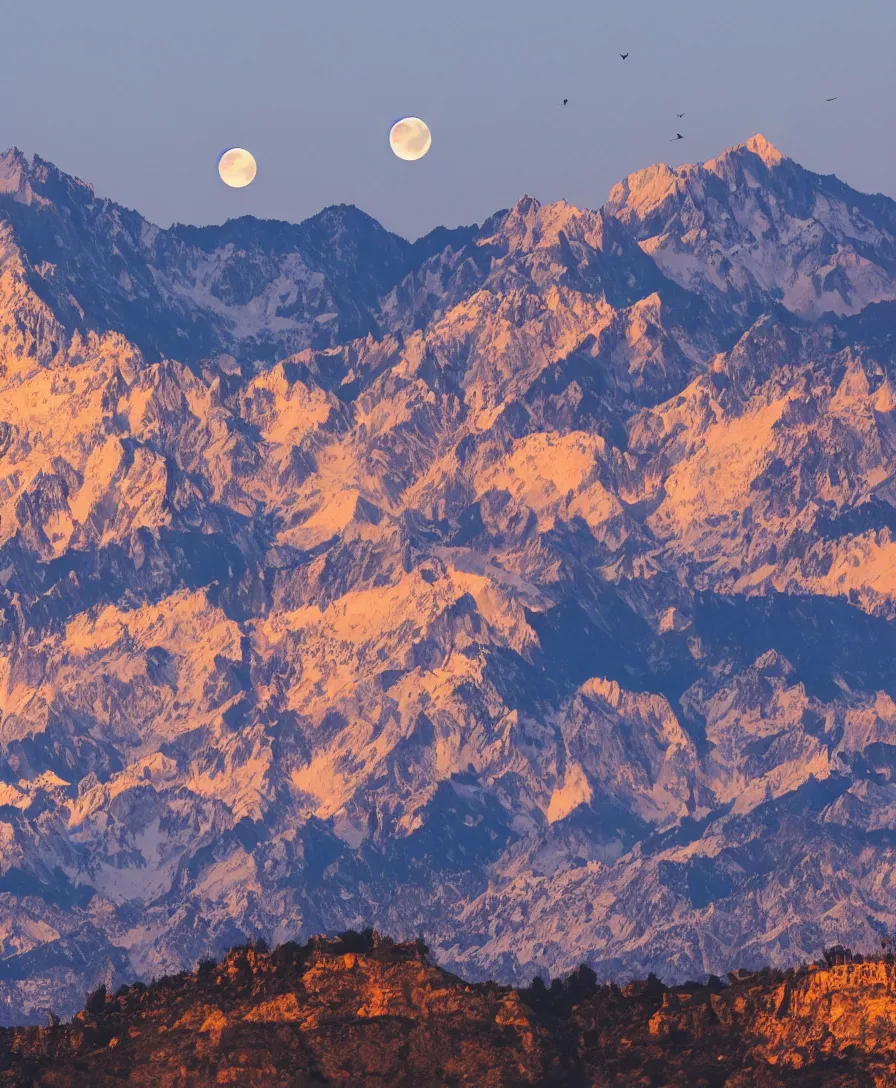 Prompt: a dslr hd picture of full moon rising between mountains, colorful birds flying around moon, moon light shining on mountains and lake below, highly detailed