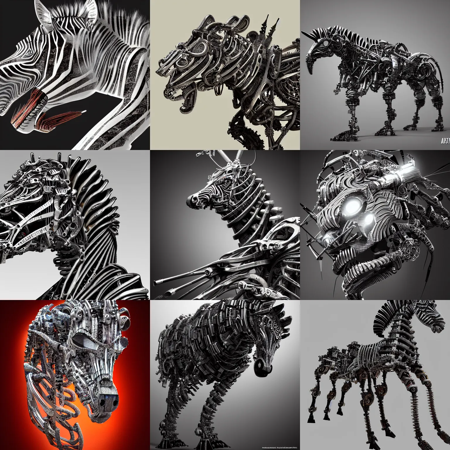 Prompt: a biomechanical zebra made of scrap metal, cyberpunk, macro, intricate, elegant, highly detailed, digital art, trending on artstation, concept art, sharp focus, 8 k