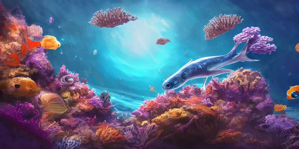 Image similar to photo of an extremely cute alien fish swimming an alien habitable underwater planet, coral reefs, dream-like atmosphere, water, plants, peaceful, serenity, calm ocean, tansparent water, reefs, fish, coral, inner peace, awareness, silence, nature, evolution, wide angle, super highly detailed, professional digital painting, artstation, concept art, smooth, sharp focus, no blur, no dof, extreme illustration, Unreal Engine 5, Photorealism, HD quality, 8k resolution, cinema 4d, 3D, beautiful, cinematic, art by artgerm and greg rutkowski and alphonse mucha and loish and WLOP