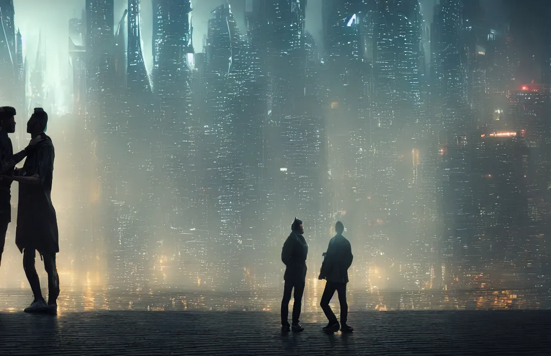 Prompt: men kissing in front of a foggy view of cyberpunk style future city, a hyper realistic professional photographic view,very beautiful scenery, very realistic painting effect, hd, hdr, cinematic 4k wallpaper, 8k, ultra detailed, high resolution,