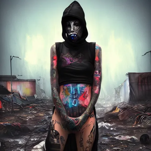 Image similar to digital painting of a streetwear woman holding back tears, a futuristic shanty town burns in the background, distress, tattoos, dark strokes, dark glitter, 4k, 8k, hd, full color, octane render, trending on artstation, highly detailed