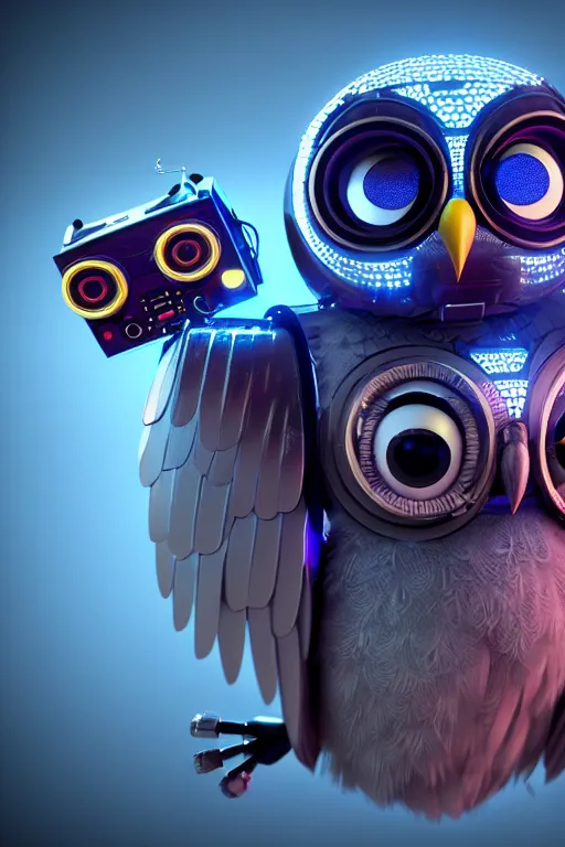 Prompt: high quality 3 d render very cute cyborg owl! with boombox!, cyberpunk highly detailed, unreal engine cinematic smooth, in the style of blade runner & detective pikachu, hannah yata charlie immer, moody light, low angle, uhd 8 k, sharp focus