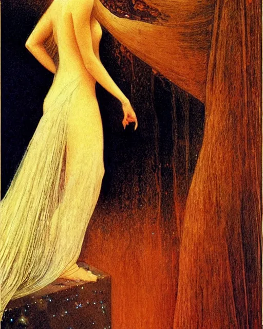 Image similar to a cautious woman, mysterious, dark, intricate, concept art, smooth, sharp focus, illustration, by delphin enjolras, by carlos schwabe,