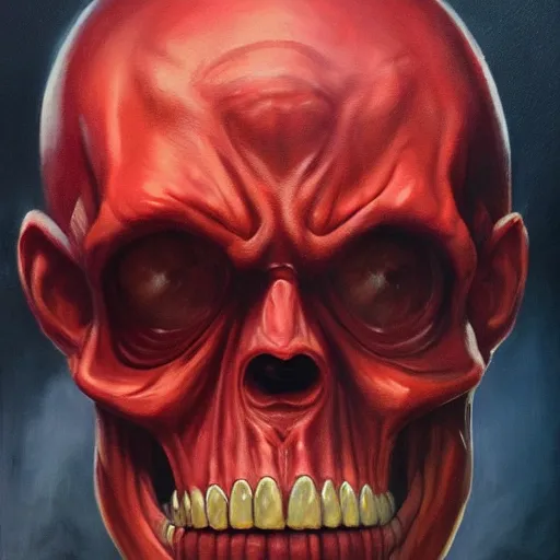 Image similar to ultra realistic portrait painting of red skull as harry potter, art by frank frazetta, 4 k, ultra realistic, highly detailed, epic lighting