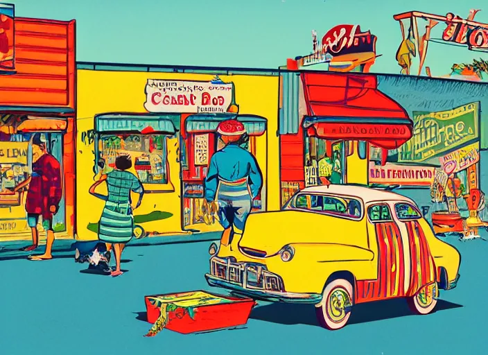 Image similar to a whimsical storybook illustration of crab sellers, 1 9 5 0 s americana tourism, lowbrow pop art style