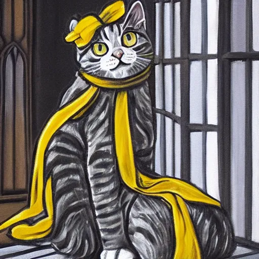 Image similar to oil painting extreme wide shot of a white and grey tabby cat wearing a black yellow striped hufflepuff scarf, in the gloucester cathedral cloisters, digital painting, high detail, award - winning, playful