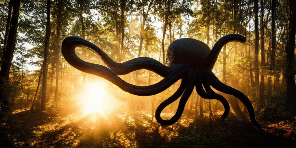 Prompt: a highly detailed giant black octopus god floating in the middle of a forest, beautiful ambient light, sun rays hitting the slightly transparent creature, golden hour, 8k photography