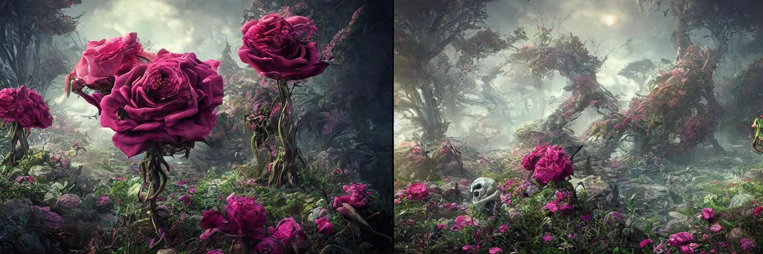 Image similar to life and death, rosses, highly detailed super realistic, octane render, by android jones,