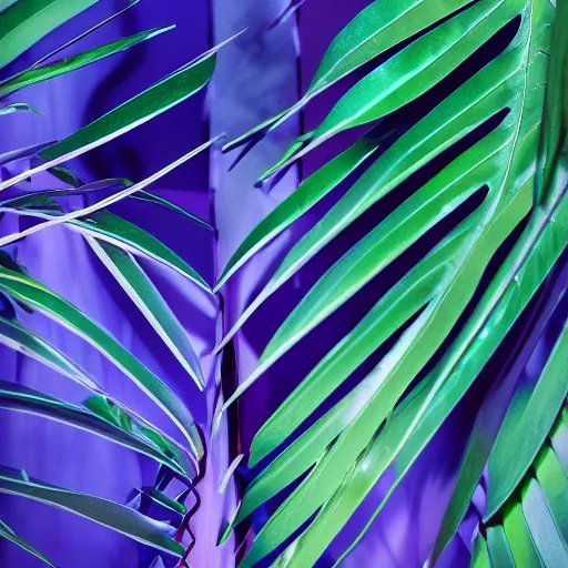 Image similar to an ultra high definition professional studio quality photograph of a transparent iridescent perspex pastel coloured jungle leaves on a plant in an empty white room. dramatic lighting, ray tracing, refraction, shallow d. o. f, colour corrected, golden ratio, three point light. volumetric shadows. god rays.