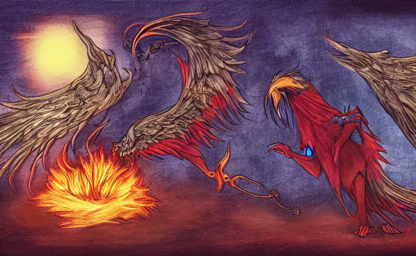 Image similar to wizard summoning the phoenix from hell, digital art style, illustration painting,