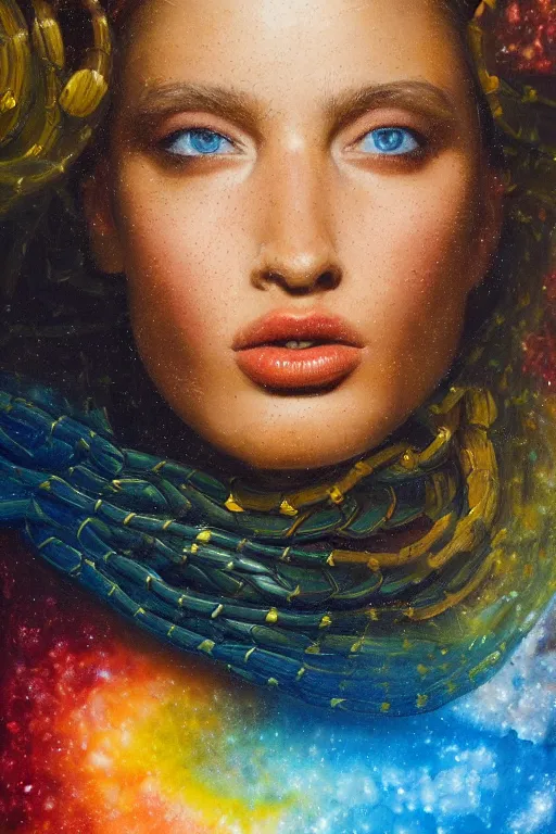 Image similar to hyperrealism oil painting, close - up portrait of face from a tangle of snakes fashion model, knight, street art gradient mixed with nebula sky, in style of baroque