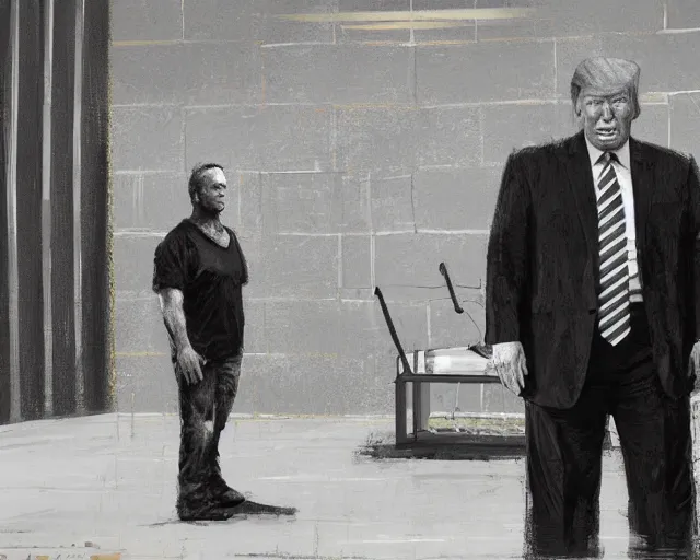 Prompt: Alex Jones standing beside donald trump in a prison jail cell, craig mullins, octane