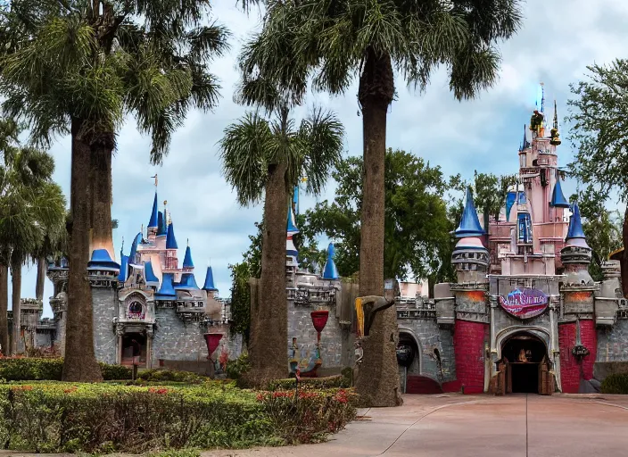 Image similar to cinematic shot of the outside of the Disney world park, shut down, abandoned, Florida, out of business, castle is falling apart and rusted, got shut down, kids place, liminal spaces, backrooms, empty, overgrown with weeds, crumbling castle, destroyed castle, completely obliterated, Disney world, Disney land, theme park, roller coasters, Disney, old and dirty, water damage, garbage