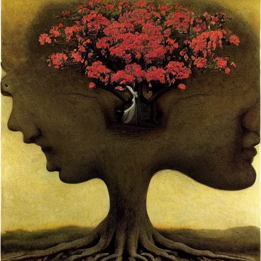 Image similar to tree where the trunk is a beautiful woman's head blooming with flowers, by Odd Nerdrum, by Francisco Goya, by M.C. Escher, beautiful, eerie, surreal, colorful