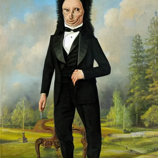 Image similar to portrait of an anthropomorphic reptilian wearing a black tuxedo, oil on canvas, full shot, by greg rutkowsky and ivan shishkin