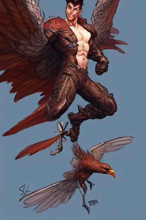 Image similar to character art by wlop, steve henderson, and j scott campbell, gooseman, male hero, goose head, wings, 4 k, arstation, trending, high quality, very detailed, digital