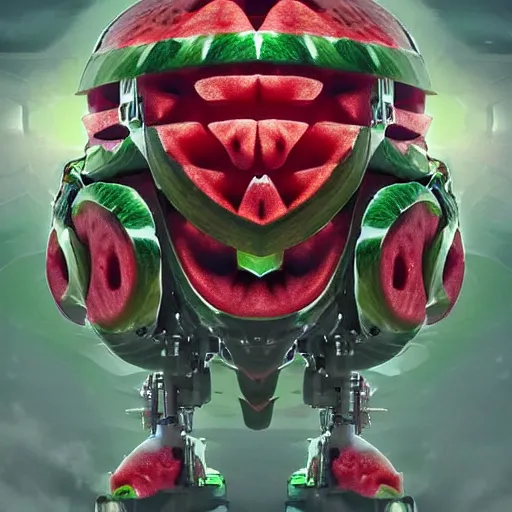 Image similar to Very very very very highly detailed sci-fi Watermelon military machine. Realistic Concept digital art in style of Hiromasa Ogura Gost in the shell, more watermelon a bit less military machine, epic dimensional light