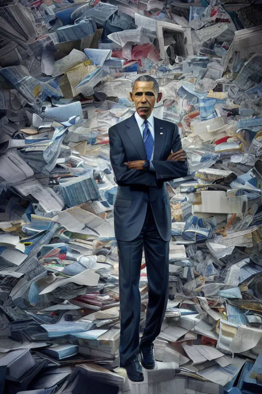 Prompt: obama nervously standing by a mountain of papers, cybertronian, long shot, cinematography by wes anderson, 4 k octane render, intricate detail, photorealistic, cinematic lighting, artstation