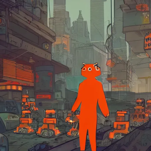 Prompt: a orange cat in a cyberpunk post apocalyptic city with robots living as humans