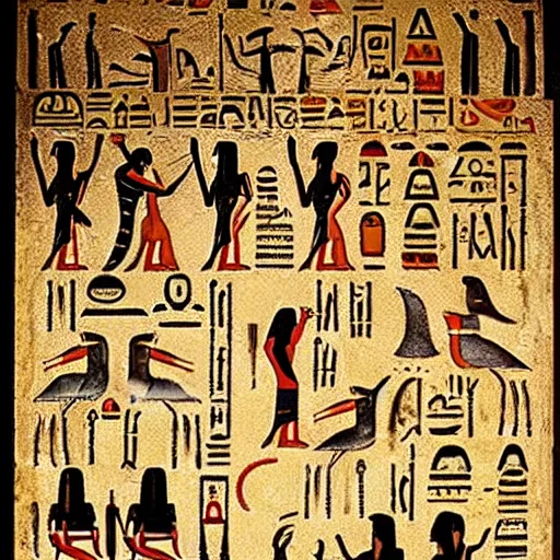 Prompt: egyptian hieroglyphs telling a story of party games