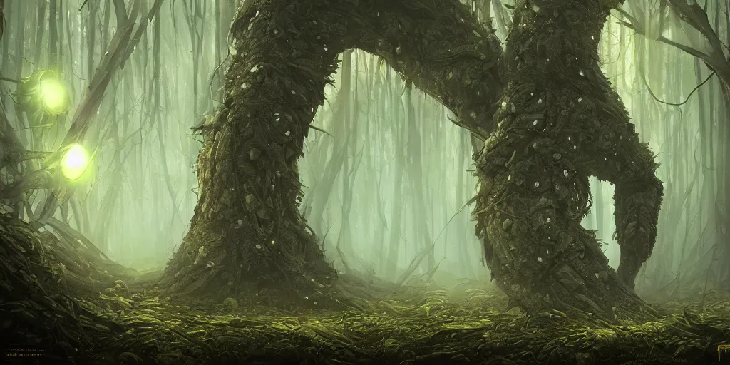 Prompt: centipede monster - trees in futuristic spiritual mystical post apocalyptic forest from ukraine, dim painterly volumetric aquatic lighting, beautiful, crisp, artstation, highly detailed