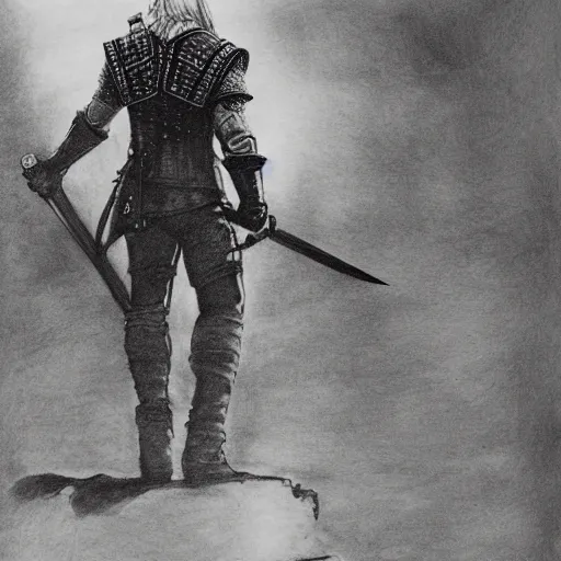 Prompt: the witcher standing at the edge of a cliff with his sword pointing up to the sun, pencil drawing