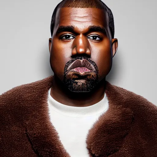 Prompt: the face of kanye west wearing a full teddy bear costume at 4 2 years old, portrait by julia cameron, chiaroscuro lighting, shallow depth of field, 8 0 mm, f 1. 8