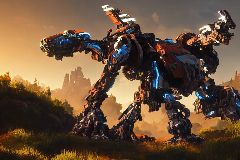 Prompt: scrapper machine mecha animal beast robot of horizon forbidden west horizon zero dawn bioluminiscence global illumination ray tracing hdr fanart arstation by sung choi and eric pfeiffer and gabriel garza and casper konefal