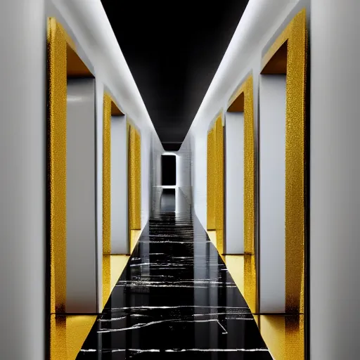 Prompt: a rectangular hallway of pure black reflective marble leading towards a red chair surrounded by gold cronenberg esque tools