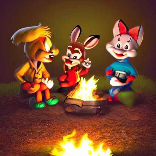 Image similar to tiny toons in real life sitting around a campfire telling stories, photographic, 3D, IE5, photorealistic, ultrarealistic, hyper realistic, drum scanner, dark vignette, burning embers, nostalgic, muted colors, slightly drunk, candy rush