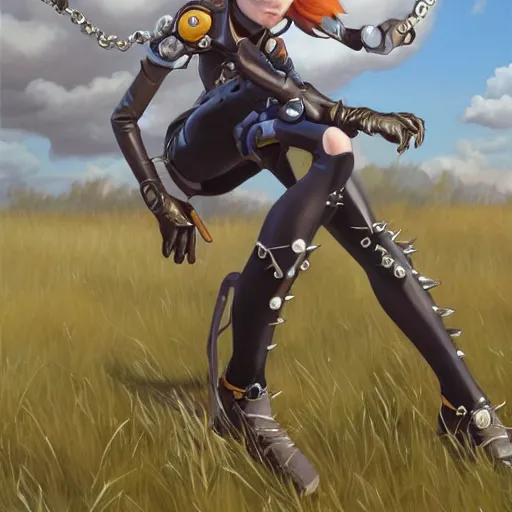 Image similar to oil painting of tracer overwatch in a field wearing spiked collar around neck, in style of artgerm, expressive face, wearing choker, steel collar, steel choker, wearing collar on neck, detailed face, detailed eyes, full body, feminine face, tracer overwatch,