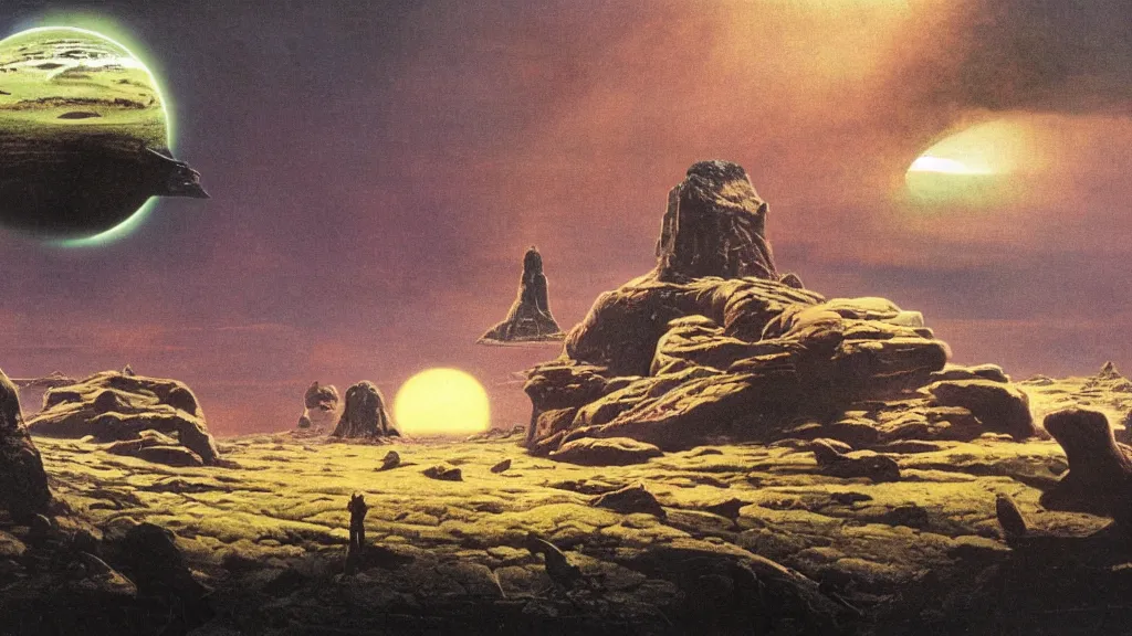 Prompt: eerie atmospheric alien planet with sinister landscape by angus mckie and bob eggleton and chris moore, epic cinematic matte painting