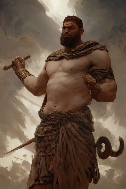 Image similar to ancient historically accurate depiction of the Bible Character Goliath of Gath, the Philistine warrior giant by frank miller, illustration by Ruan Jia and Mandy Jurgens and William-Adolphe Bouguereau, Artgerm, 4k, digital art, surreal, space dandy style, highly detailed, godsend, artstation, digital painting, concept art, smooth, sharp focus, illustration by Ruan Jia and Mandy Jurgens and William-Adolphe Bouguereau, Artgerm