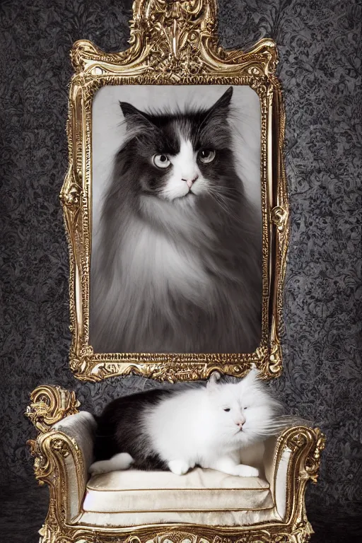 Image similar to a silver gelatin photo portrait of a royal cat, outrageously fluffy, on an embroidered velvet cushion on a neo - rococo gilded little bed, by david lachapelle, photorealistic, photography, wide shot