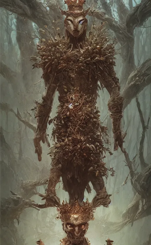 Prompt: eleven king gives away the forest crown to the prince, symmetrical face features, front game card, drark, marvel comics, dark, intricate, highly detailed, smooth, artstation, digital illustration by ruan jia and mandy jurgens and artgerm and wayne barlowe and greg rutkowski and zdislav beksinski