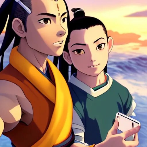 Prompt: beautiful serene intricate portrait of sokka and toph from avatar the last airbender taking a selfie, smiling softly, relaxing on the beach, golden hour, soft focus, 8 k, art by irakli nadar, hyperrealism, hyperdetailed, ultra realistic