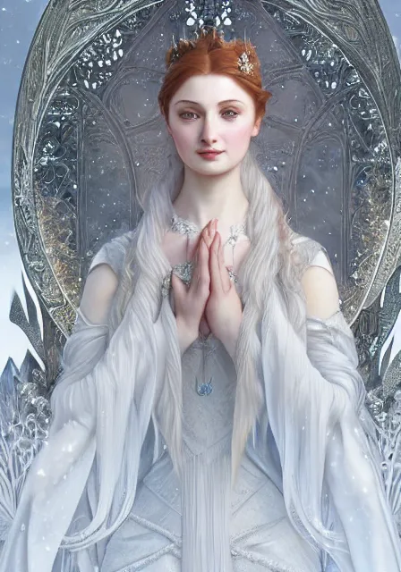 Image similar to sansa snow queen, intricate, elegant, highly detailed, digital painting, artstation, concept art, smooth, sharp focus, illustration, art by artgerm and greg rutkowski and alphonse mucha and william - adolphe bouguereau